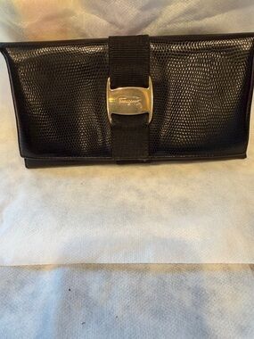 Salvatore Ferragamo Black Textured Leather Clutch with Gold Buckle